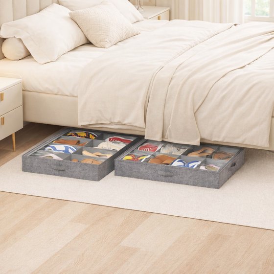 Norcho Under Bed Shoe Organizer Holds 8 Pairs, 4.3" Tall Sturdy Foldable Sneaker Storage Boxes for Boots Heels, 2 Pack