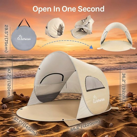 Norcho 87x57x47" Pop Up Beach Tent UPF50+ Sun Shelter, Instant Shade Canopy for 3 Person, Beige