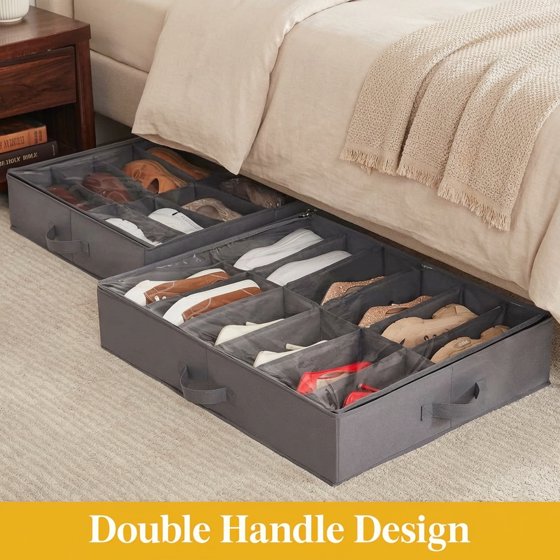 Norcho Under Bed Shoe Storage Organizer, Set of 2 Low-Profile Fabric Boxes with Clear Cover and Handles, 4.3" Tall, Fits 24 Pairs of Shoes