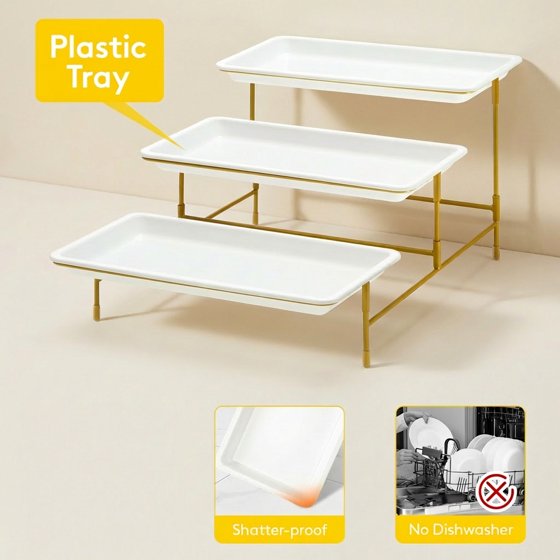 Norcho 3 Tier Serving Tray, White Plastic Tiered Food Serving Platters with Collapsible Gold Metal Stand, 12" x 6.5"
