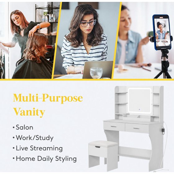 Norcho Vanity with Mirror and LED, Adjustable Color & Brightness, 2 Power Outlets & 2 USB Ports, White Makeup Desk with Storage Stool, 8 Open Shelves, 2 Drawers & Bottom Shelf