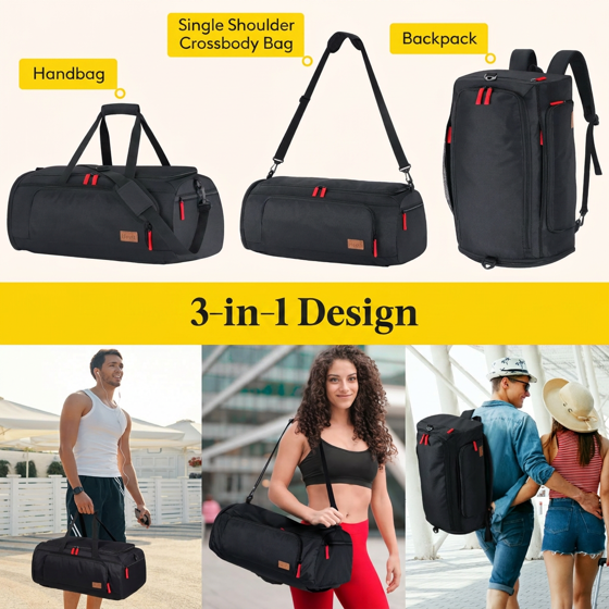 Norcho 40L Gym Duffel Bag with Shoe Pocket, 3-in-1 Waterproof Travel Weekender Backpack Dry Wet Separation, Black