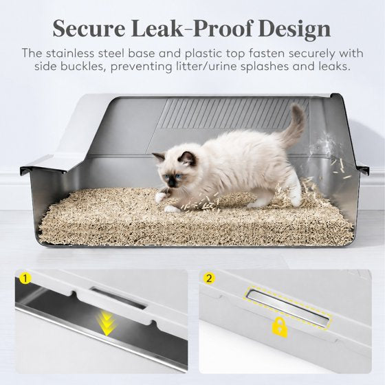 Norcho Stainless Steel Cat Litter Box for Kitty, Metal Litter Tray with High Sides, Anti-Leakage Design, Non-Slip Pads and Easy Clean Surface, Top Entry Pet Litter Pan