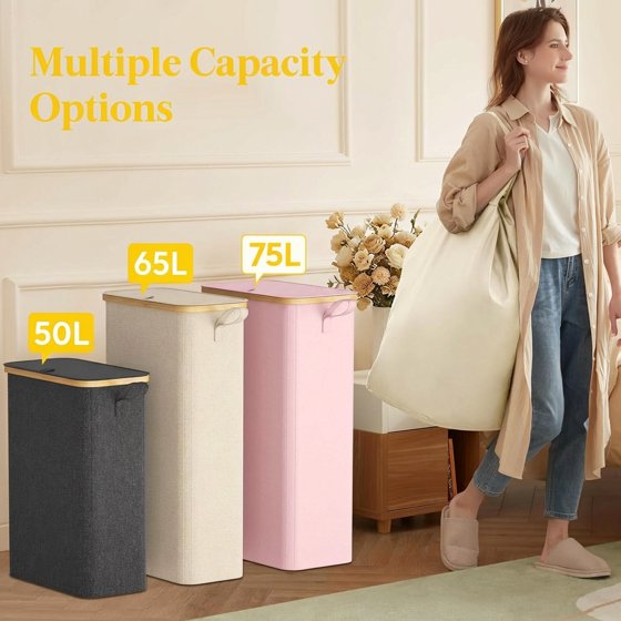 Norcho 65L Slim Laundry Hamper with Lid, Narrow Collapsible Laundry Basket with Removable Bag and Bamboo Handles, White