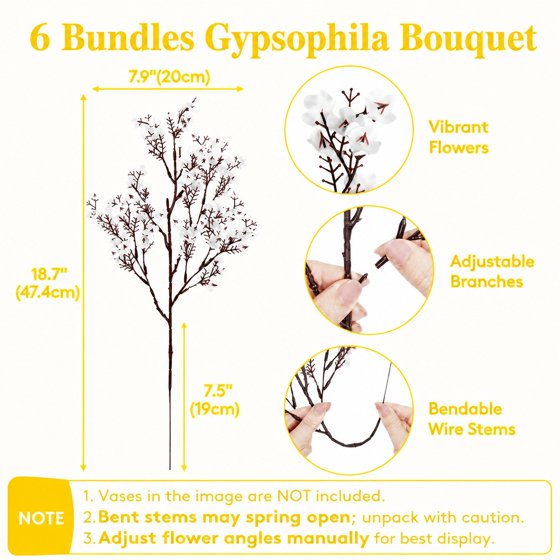 Norcho Baby’s Breath Artificial Flowers, Silk Gypsophila Faux Stems for Wedding Bouquets, Home Decor, Centerpieces, DIY, Farmhouse/Party, White, 6 Bundles