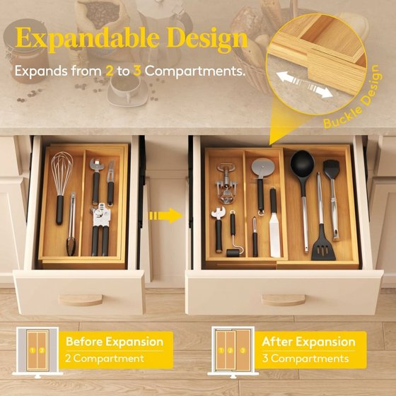 Norcho Expandable Bamboo Utensil Organizer Tray, Adjustable Cutlery and Flatware Holder for Kitchen Drawer, 8.9–15.8 x 15.75"