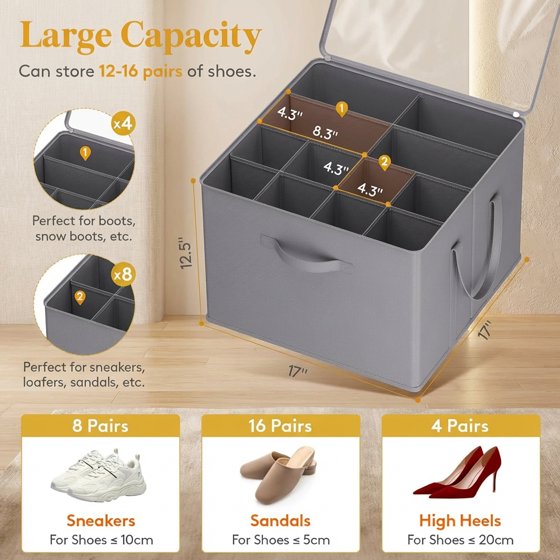 Norcho Shoe Storage Organizer for Closet, Large Fabric Shoe Boxes with Clear Lids, Foldable Bins for Boots, Heels, and Sneakers, Fits 24–32 Pairs (12–16 Pairs Each), 2-Pack, Gray