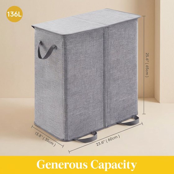 Norcho Double Laundry Hamper with Lid and Removable Bags, Large Collapsible 2-Divider Laundry Basket with Handles, 136L, Gray