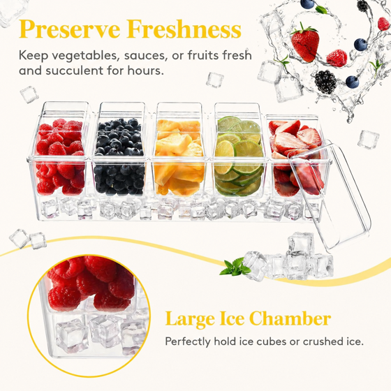 Norcho 2-Pack Ice Chilled Condiment Caddy 5 Containers, Condiment Server with Lid, Serving Tray Platter with Removable Dishes for Bar, Fruit, Salad, Taco Party & Garnishes