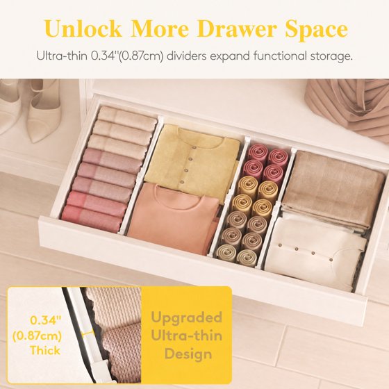 Norcho Drawer Dividers for Clothes 8-Pack, 3.2" Tall Expandable Dresser Drawer Organizers, Adjustable Plastic Separators for Socks, Underwear, Kitchen, Cabinet, Nursery Storage