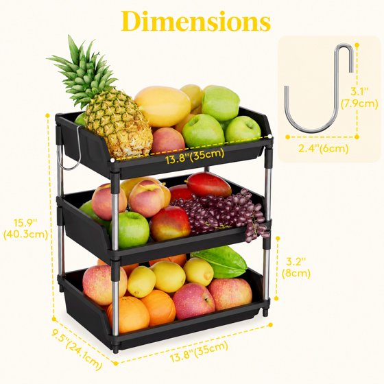 Norcho 3 Tier Fruit Basket for Kitchen Counter with Banana Hanger, Fruit Bowl and Vegetable Storage Stand Organizer for Bread, Snacks and Produce
