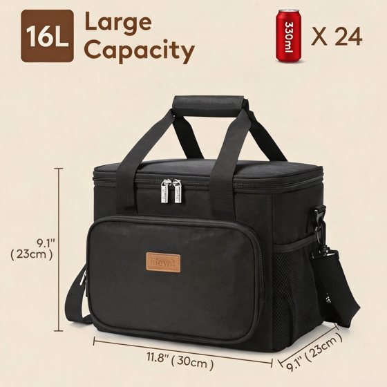 Norcho Large Insulated Lunch Bag Cooler Tote for Adults, Soft Lunch Box for Men and Women, 24-Can (16L), Black