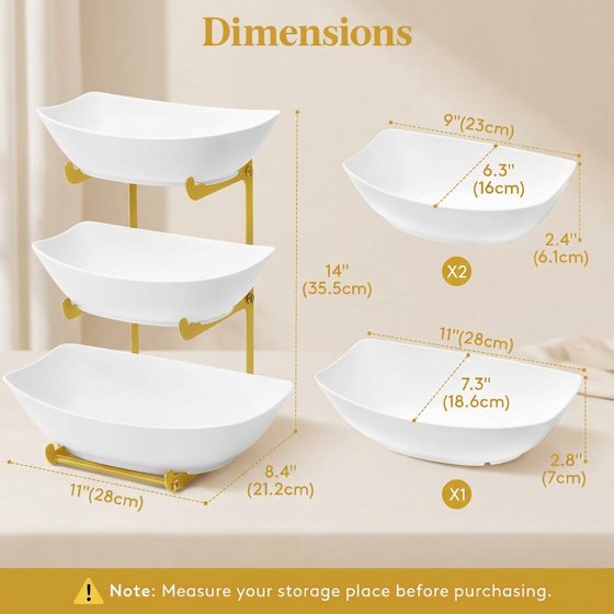 Norcho Plastic Fruit Bowl Basket for Kitchen Countertop, 3-Tier Fruit Holder with Glod Metal Stand, Serving Tray for Fruits, Vegetables, Cakes, and Desserts for Parties