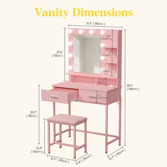Norcho Vanity Desk Set with Mirror and Lights, Makeup Dressing Table with 2 Drawers & Chair, 3 Lighting Modes Adjustable Brightness, Wooden Top & Iron Frame for Bedroom, Pink