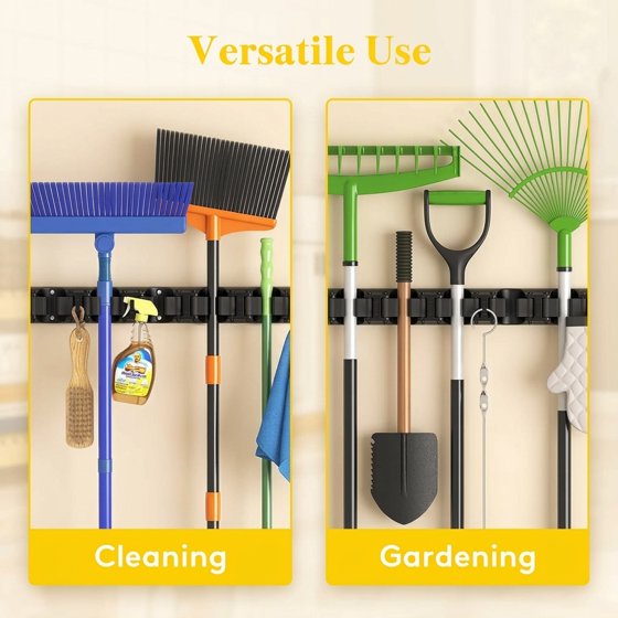 Norcho Wall Mount Mop Broom Holder, Anti-Slip Hanger 5 Slots 6 Hooks Holds 30lbs, Garage Closet Kitchen, Black 2 Pack