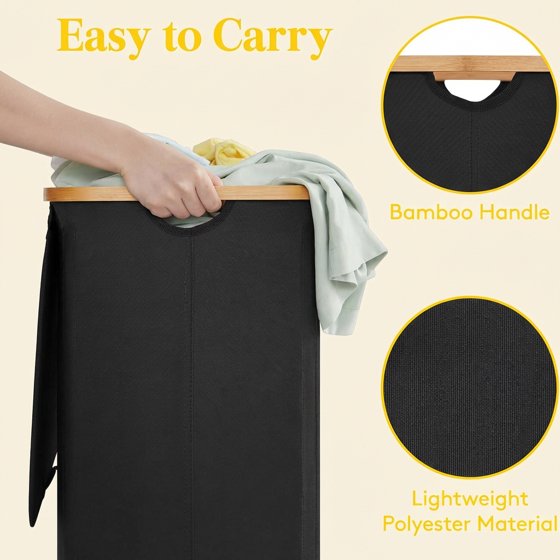 Norcho 100L Laundry Basket with Lid, Large Foldable Laundry Hamper with Bamboo Handles and Removable Bag, Black