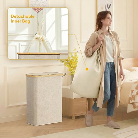 Norcho 65L Slim Laundry Hamper with Lid, Narrow Collapsible Laundry Basket with Removable Bag and Bamboo Handles, Beige