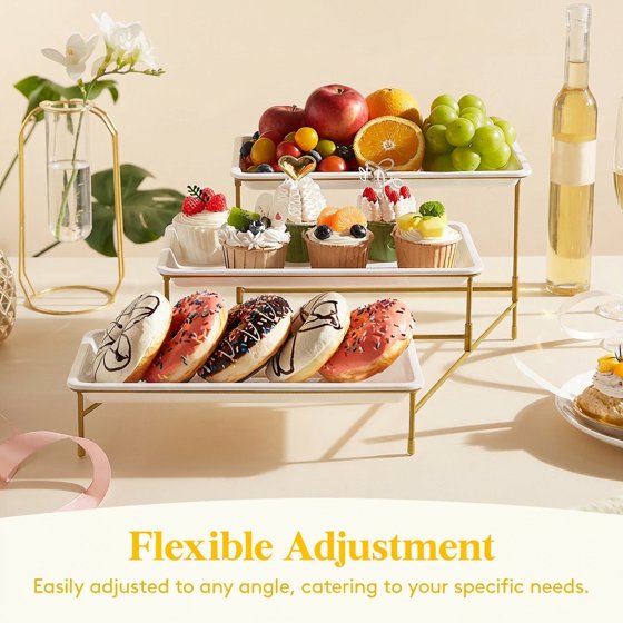 Norcho 3 Tier Serving Tray, White Plastic Tiered Food Serving Platters with Collapsible Gold Metal Stand, 12" x 6.5"