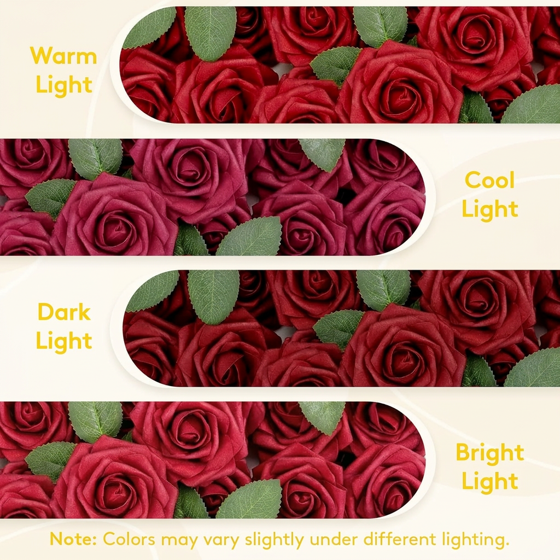Norcho 50 Pcs Dark Red Foam Roses Artificial Flowers Stems, Real Looking Fake for DIY Wedding Bouquets Centerpieces Valentine
