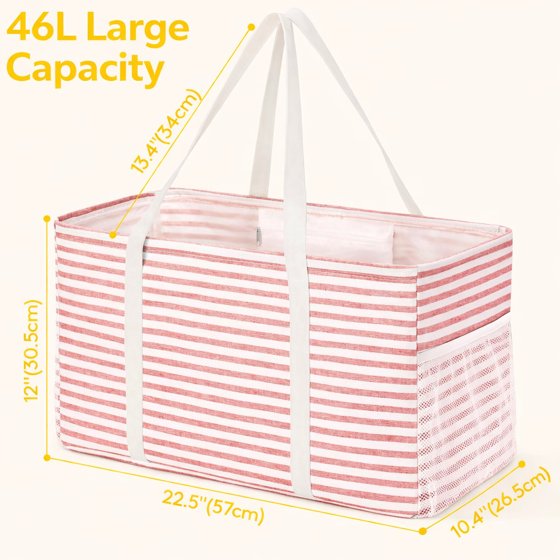 Norcho Extra Large Tote Bag, Reusable Foldable Shopping Bag with Metal Frame and Handles, 46L for Storage, Picnics, Beach, Laundry, Car, Pink