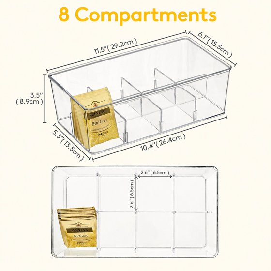 Norcho 2-Pack Tea Bag Organizer with Lid, Plastic Tea Bag Storage Box with 16 Compartments, Stackable Tea Packet Holder for Cabinet, Pantry, Countertop, Sugar Packets & Sweetener Sachets, Clear