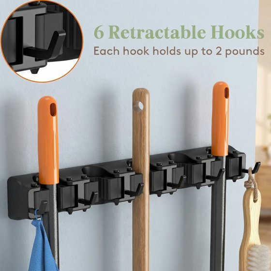 Norcho Wall Mount Mop Broom Holder, Anti-Slip Hanger 5 Slots 6 Hooks Holds 30lbs, Garage Closet Kitchen, Black 1 Pack