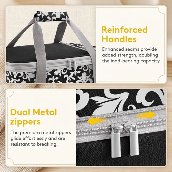 Norcho Insulated Double Decker Casserole Carrier, Expandable Lasagna Tote Bag for Hot or Cold Food, Fits 9" x 13" Baking Dish, Black-Flowers