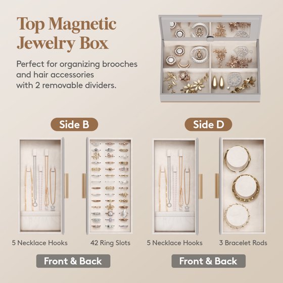 360° Rotating Jewelry Box with Mirror, Top Magnetic Storage Box Jewelry Organizer Case for Rings, Necklaces, Earrings, Bracelets, Mother’s Day Gift Idea