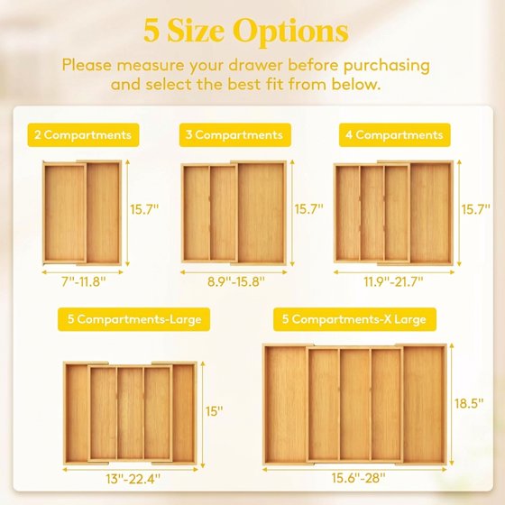 Norcho Expandable Bamboo Utensil Organizer Tray, Adjustable Cutlery and Flatware Holder for Kitchen Drawer, 8.9–15.8 x 15.75"