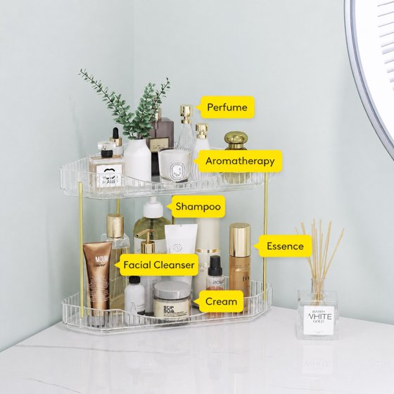 Norcho 2-Tier Corner Bathroom Counter Organizer, Plastic Makeup & Skincare Storage Shelf, Large Countertop Cosmetic & Perfume Organizer for Bathroom, Bedroom, Kitchen & Vanity, Clear