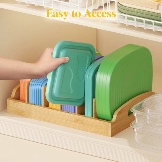 Norcho Bamboo Lid Organizer for Cabinet, Adjustable Food Storage Container Lid Holder with 5 Inserts and 6 Compartments, 13.2" x 10" for Kitchen Pantry Organization
