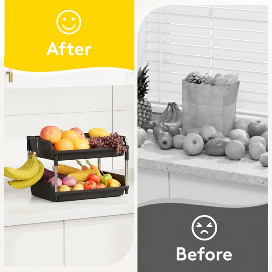 Norcho 2 Tier Fruit Basket for Kitchen Counter with Banana Hanger, Fruit Bowl and Vegetable Storage Stand Organizer for Bread, Snacks and Produce