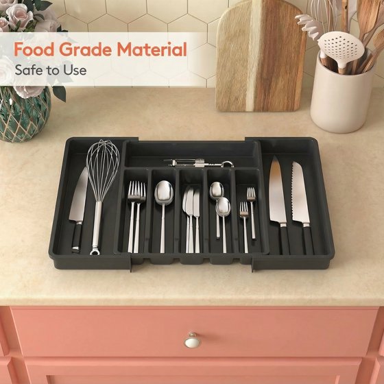 Norcho Silverware Drawer Organizer, Expandable Utensil Tray for Kitchen, Cutlery and Flatware Holder, Adjustable Storage for Spoons, Forks and Knives, 13–22 x 15", Black