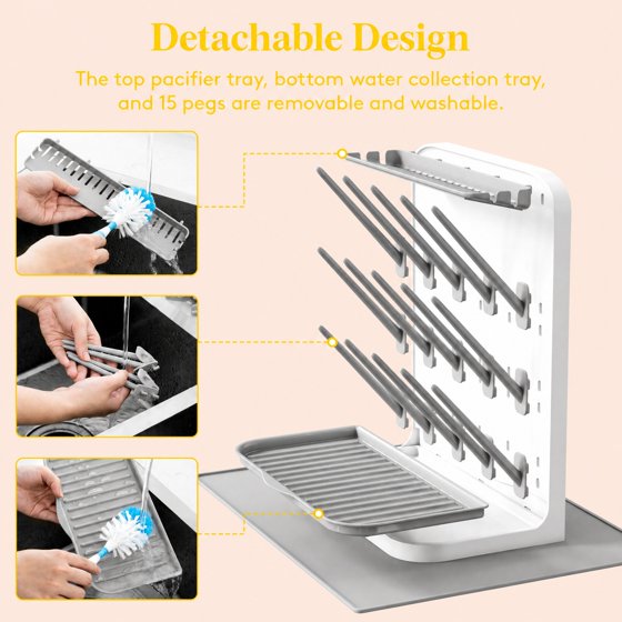 Norcho Large Baby Bottle Drying Rack with Drain Mat & 15 Hooks, Newborn Essentials Countertop Organizer, Rack Dryer for Bottles, Pacifiers & Pump Parts