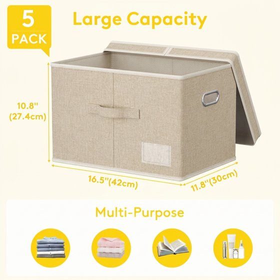 Norcho 34.5L Fabric Storage Bins with Lids Handles, Foldable Decorative Stackable Closet Organizer Beige, 5 Pack