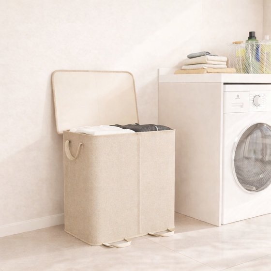 Norcho Double Laundry Hamper with Lid and Removable Bags, Large Collapsible 2-Divider Laundry Basket with Handles, 136L, Beige