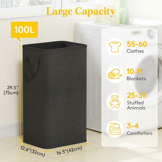 Norcho 100L Tall Collapsible Laundry Hamper with Handles, Foldable Portable Clothes Basket for Dorm Bathroom, Black