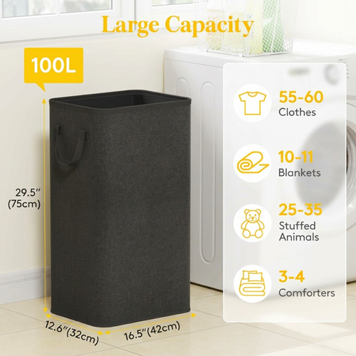 Norcho 100L Tall Collapsible Laundry Hamper with Handles, Foldable Portable Clothes Basket for Dorm Bathroom, Black