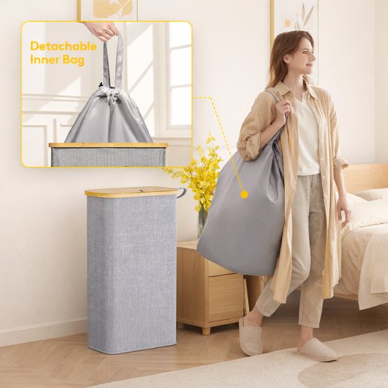 Norcho 65L Slim Laundry Hamper with Lid, Narrow Collapsible Laundry Basket with Removable Bag and Bamboo Handles, Light Gray