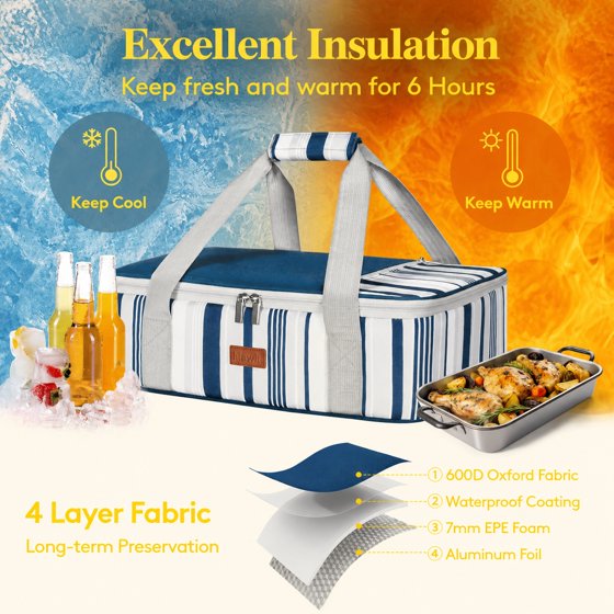 Norcho Insulated Double Decker Casserole Carrier, Lasagna Tote Bag for Hot or Cold Food, Fits 9" x 13" Baking Dish, Blue