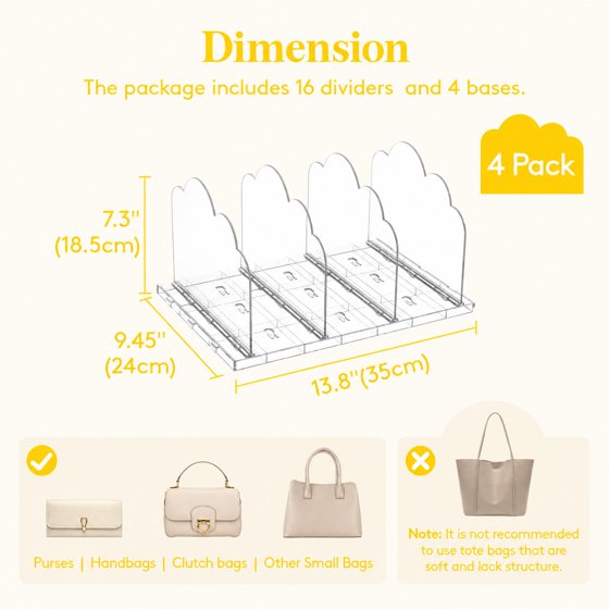 Norcho Purse Organizer for Closet, Clear Handbag Storage Organizer, Adjustable Clutch Holder, 4-Pack Bookshelf Dividers for Sweaters, Bedroom Storage Organizer