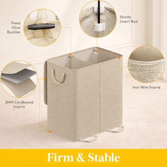 Norcho Double Laundry Hamper with Lid and Removable Bags, Large Collapsible 2-Divider Laundry Basket with Handles, 136L, Beige