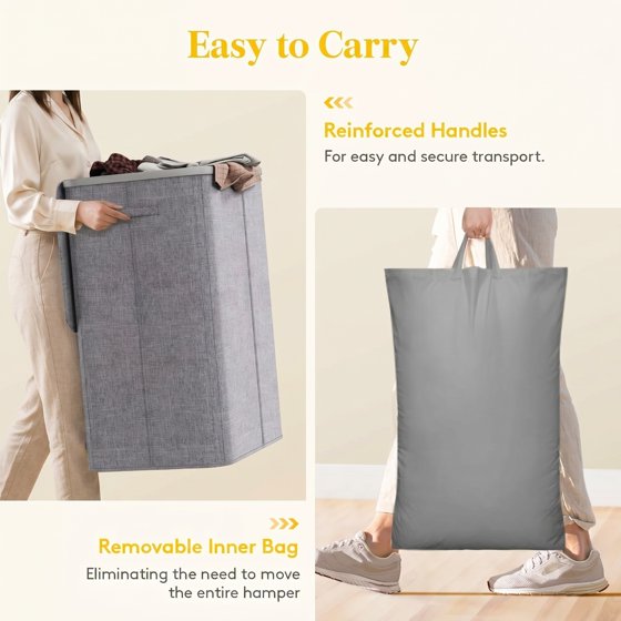 Norcho 185L 3-Section Laundry Hamper with Lid, Bamboo Handles Removable Bags Foldable Basket, Light Gray