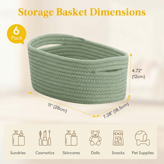Norcho Woven Baskets, Cotton Rope Cube Storage Bins, Small Shelf Baskets, Round Caddy for Closet/Living/Bedroom/Playroom, Green, 6 Pack
