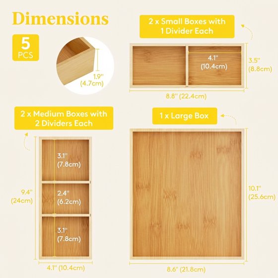 Norcho Adjustable Bamboo Drawer Organizers with 6 Inserts, Stackable Storage Boxes, 5-Pack for Kitchen, Bathroom, Office, Vanity