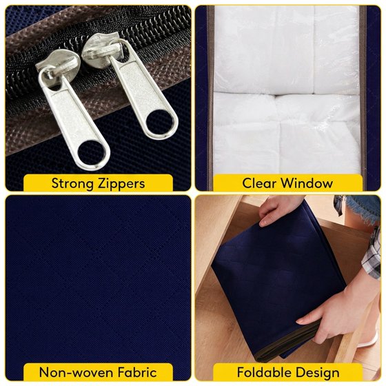 Norcho 90L Clothes Storage Bag with Reinforced Handle, Sturdy Zipper Clear Window, Foldable for Comforters Blankets, 6 Pack Blue