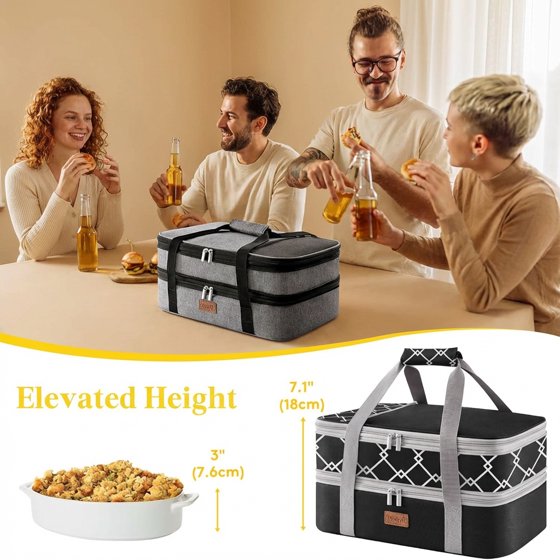 Norcho Insulated Double Decker Casserole Carrier, Expandable Lasagna Tote Bag for Hot or Cold Food, Fits 9" x 13" Baking Dish, Black-Geometric