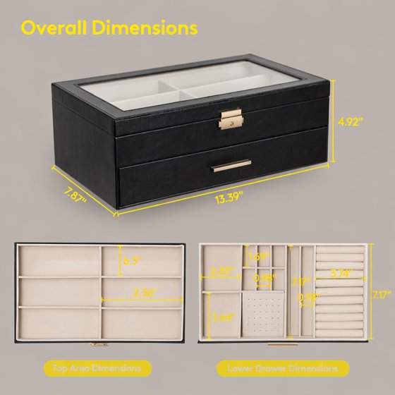 2-Layer Jewelry Box with 6 Slot Sunglasses Organizer, Storage for Bracelet Necklace Rings, Eyeglasses Display Case, Mother’s Day Gift Idea