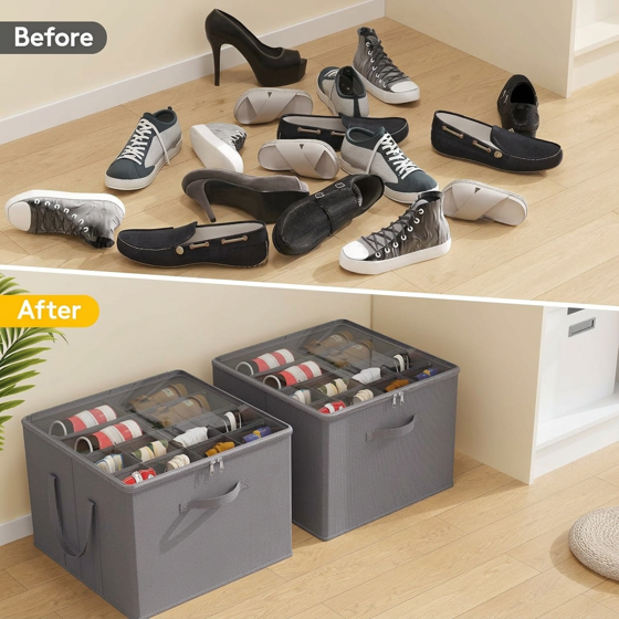 Norcho Shoe Storage Organizer for Closet, Large Fabric Box with Clear Cover, Foldable, Fits 12-16 Pairs Boots/Heels/Sneakers, 1 Pack Gray