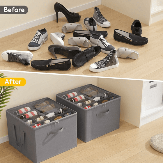 Norcho Closet Shoe Storage, 3 Large Fabric Boxes with Clear Covers, Foldable, Fits 36-48 Pairs (12-16 Each) Boots/Heels/Sneakers, Gray